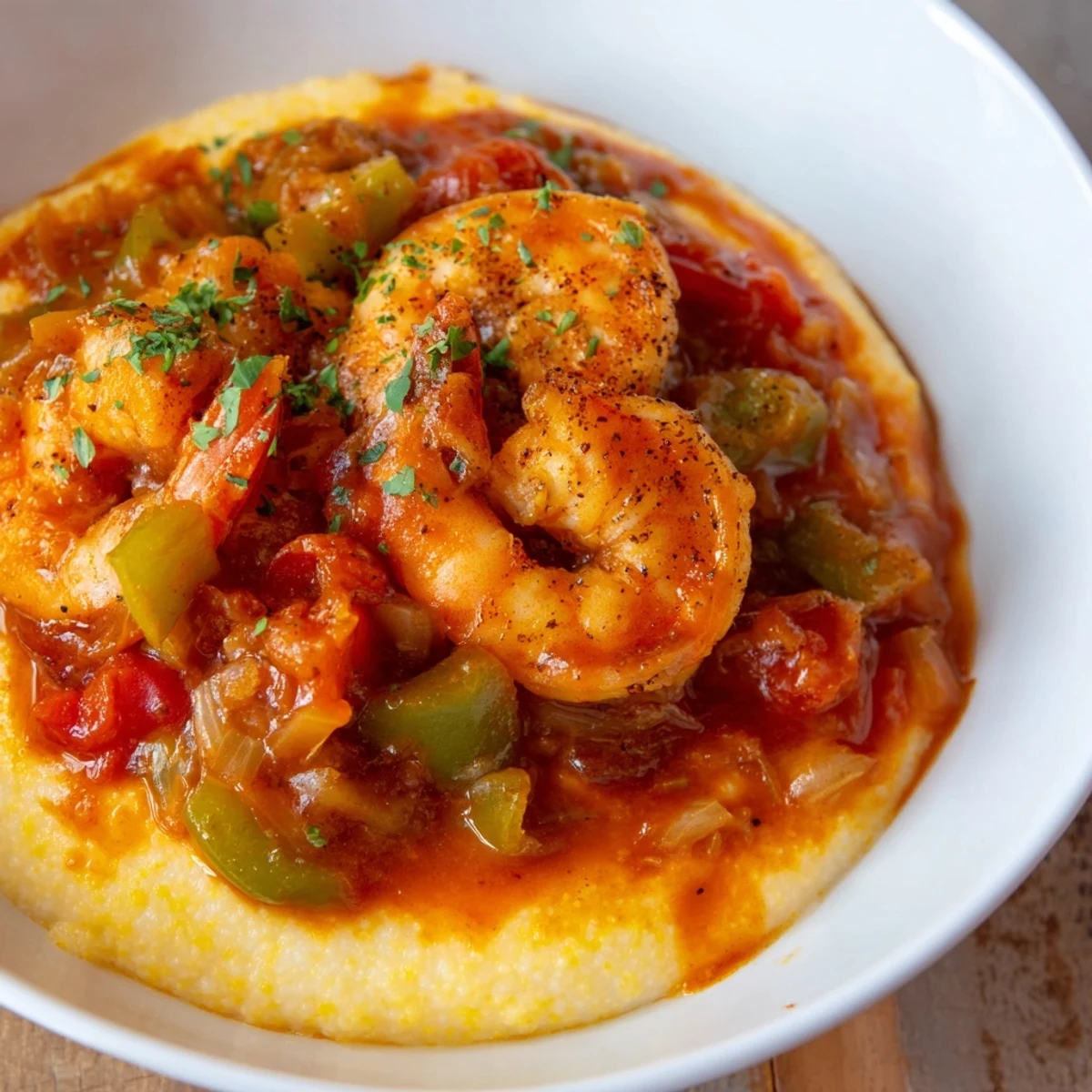 Creole Shrimp and Grits with Cheese served in a rustic bowl, featuring plump pink shrimp and a vibrant tomato sauce over creamy yellow grits.