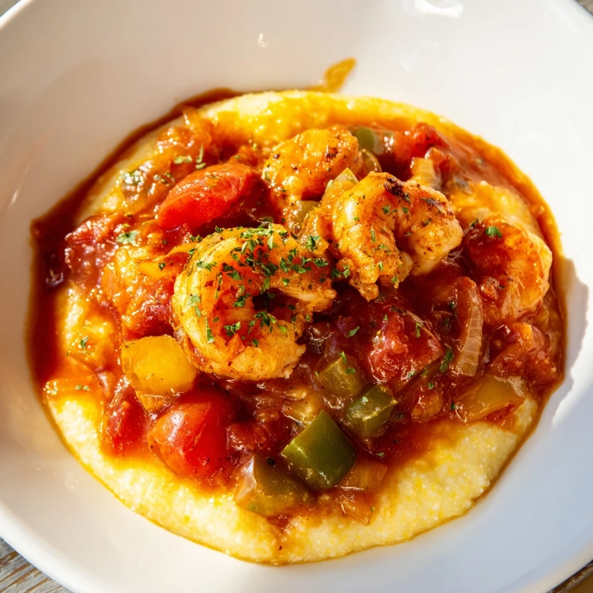 Close-up of Creole Shrimp and Grits with Cheese, showcasing melted cheddar and savory Creole spices ready to be enjoyed.
