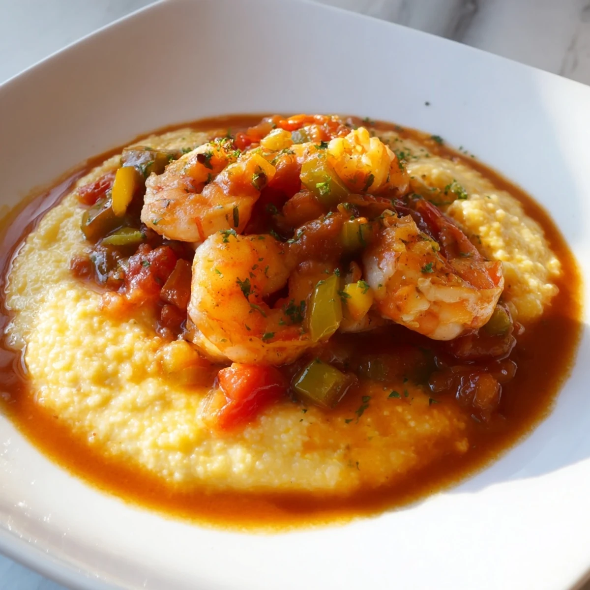 Plated Creole Shrimp and Grits with Cheese, garnished with fresh parsley, offering a hearty Southern meal perfect for a cozy dinner.