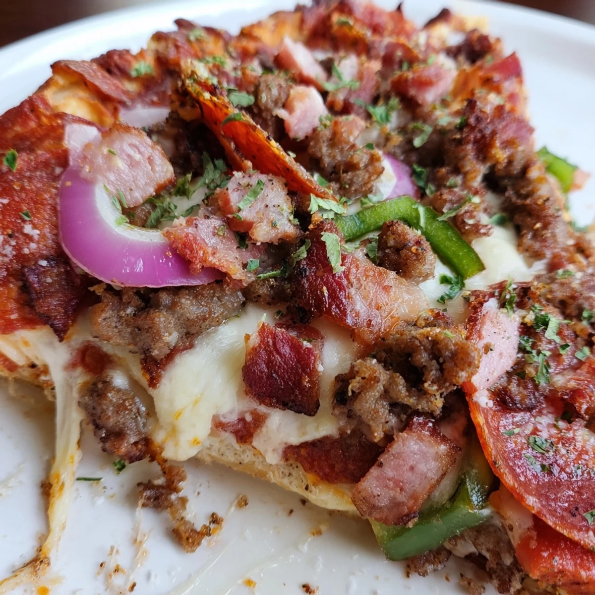 Golden-brown MVP Meat Lover Pizza with beef toppings bubbling with melted mozzarella and Parmesan.