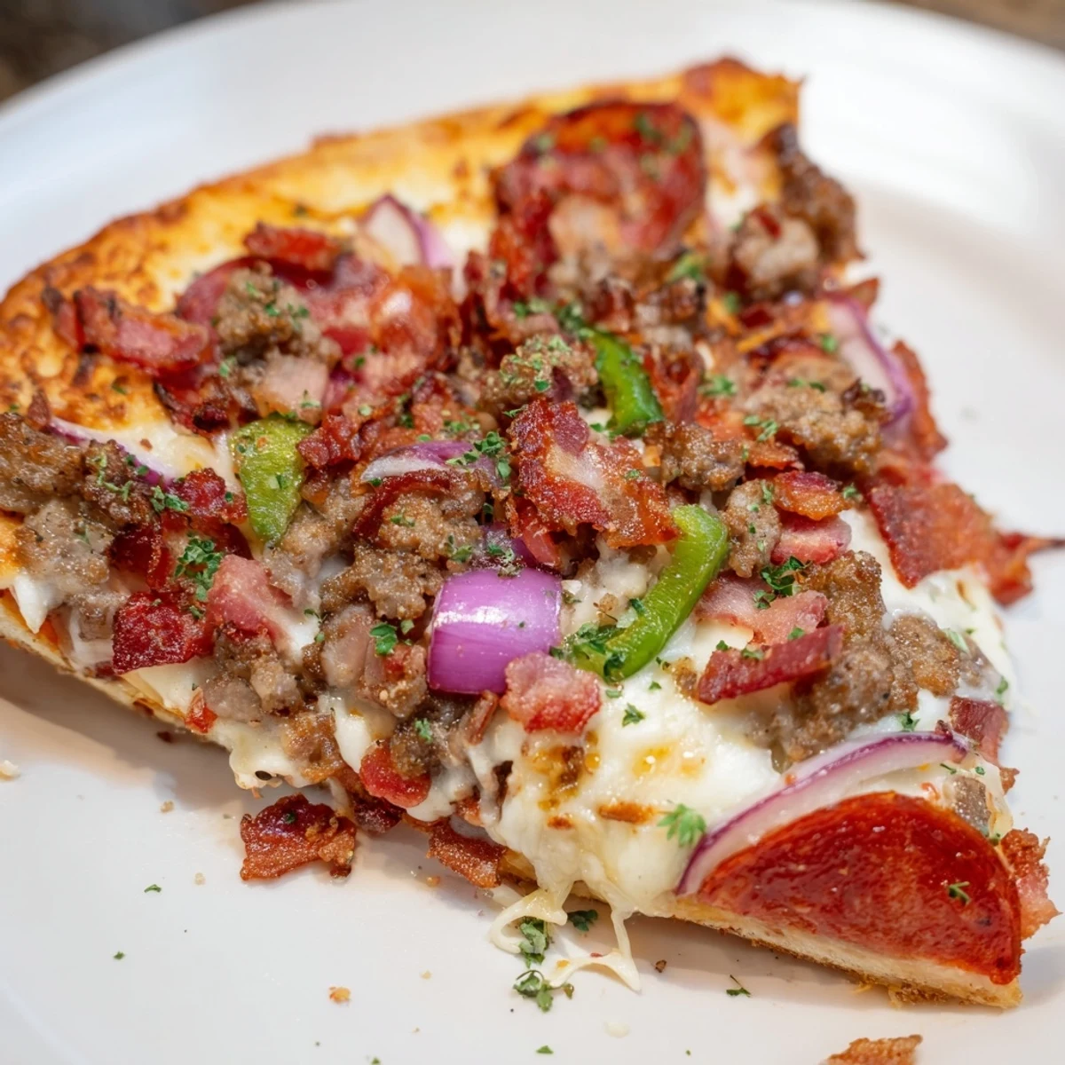 Slice of MVP Meat Lover Pizza with beef toppings lifted from the pie, revealing layers of meat and cheese.