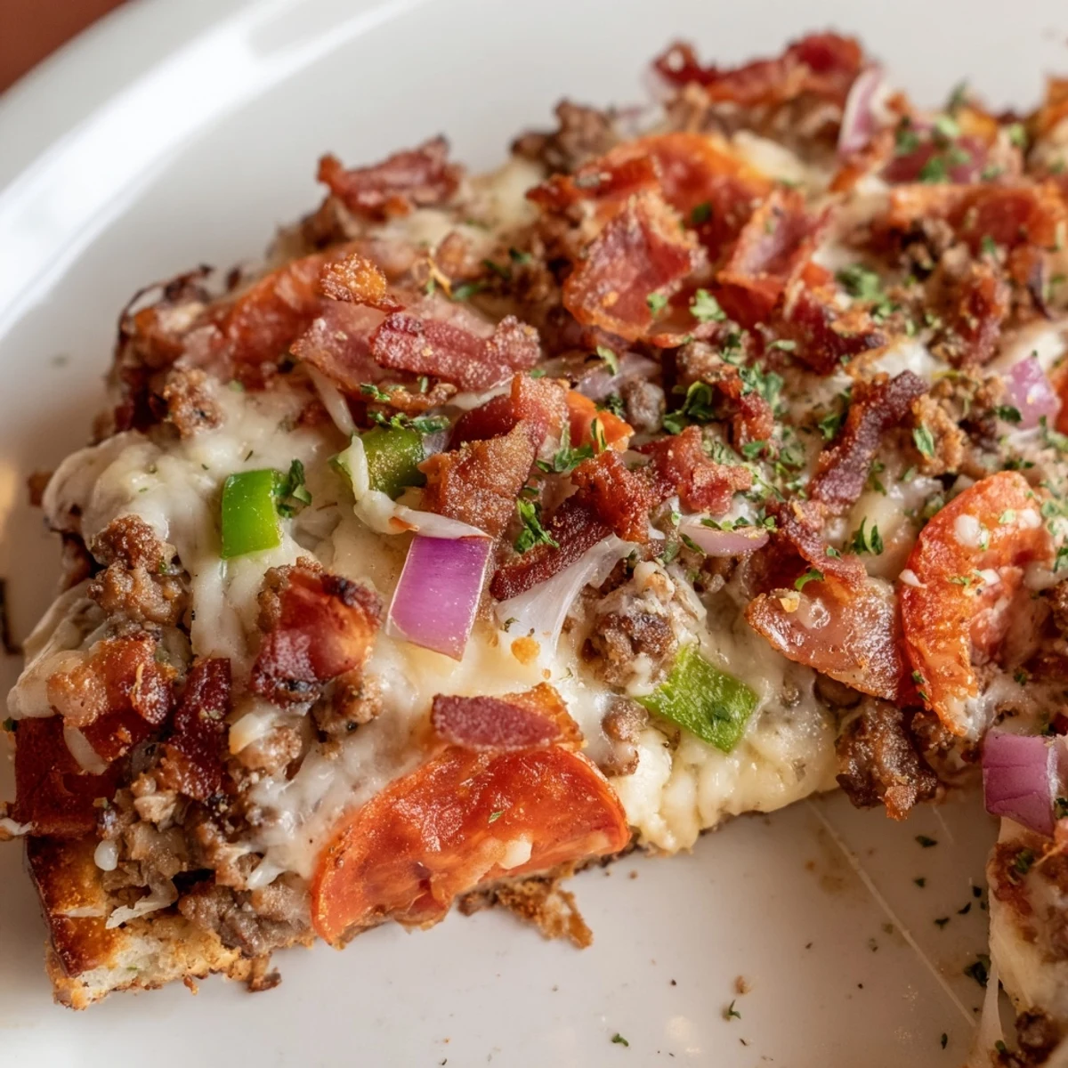 A close-up view of the hearty MVP Meat Lover Pizza with beef toppings on a rustic cutting board, garnished with parsley and red pepper flakes.