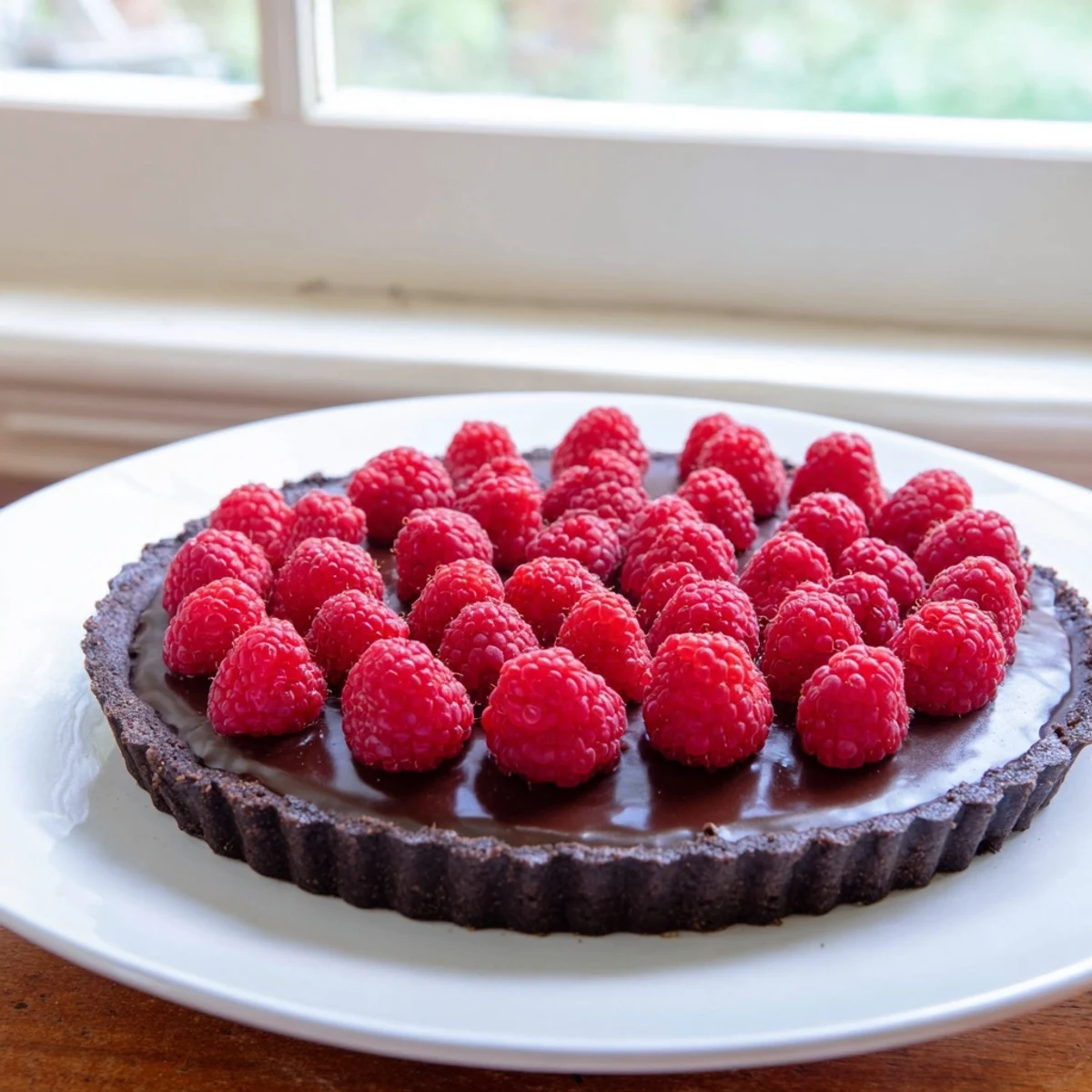 A close-up view of a Chocolate Raspberry Tart with ganache, topped with fresh raspberries and a shiny glaze, sliced to show the rich layers.