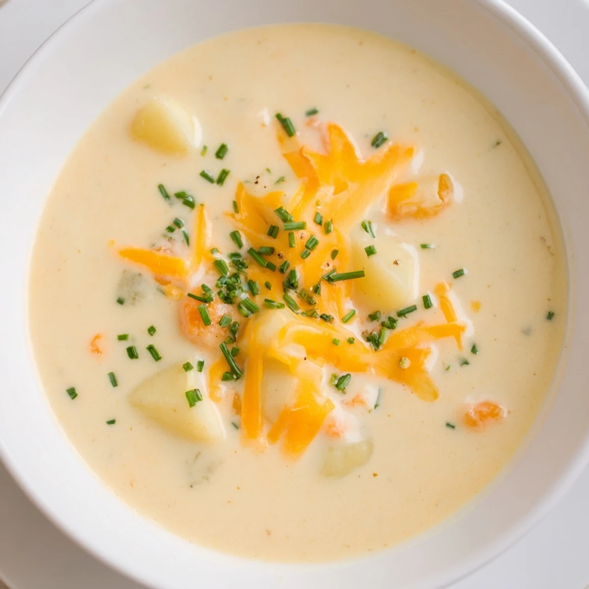 Creamy Irish Potato Soup with Cheddar and Chives garnished with extra cheese and herbs, steaming in a rustic bowl.