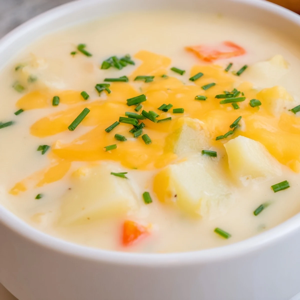 A comforting bowl of Irish Potato Soup with Cheddar and Chives served warm, perfect for cozy family dinners.