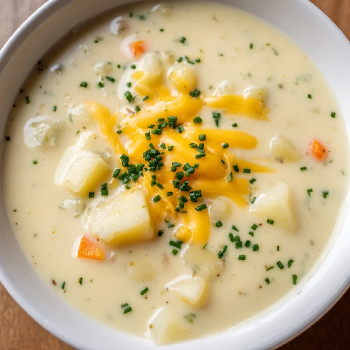 Smooth Irish Potato Soup with Cheddar and Chives ladled from a pot, topped with fresh chives and melted cheese.