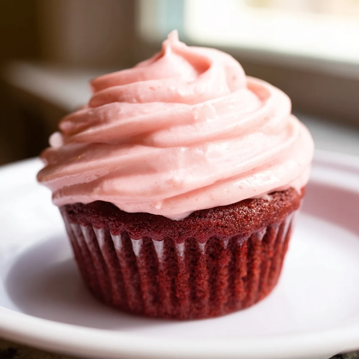 Stack of Red Velvet Cupcakes with Pink Cream Cheese Frosting, featuring rich red crumb and silky frosting, perfect for a festive birthday party.