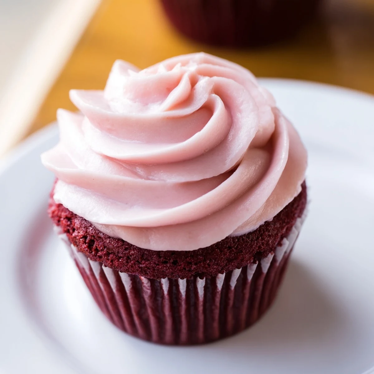 Freshly baked Red Velvet Cupcakes with Pink Cream Cheese Frosting, garnished with a sprinkle of crumbs, ready for a sweet afternoon treat.