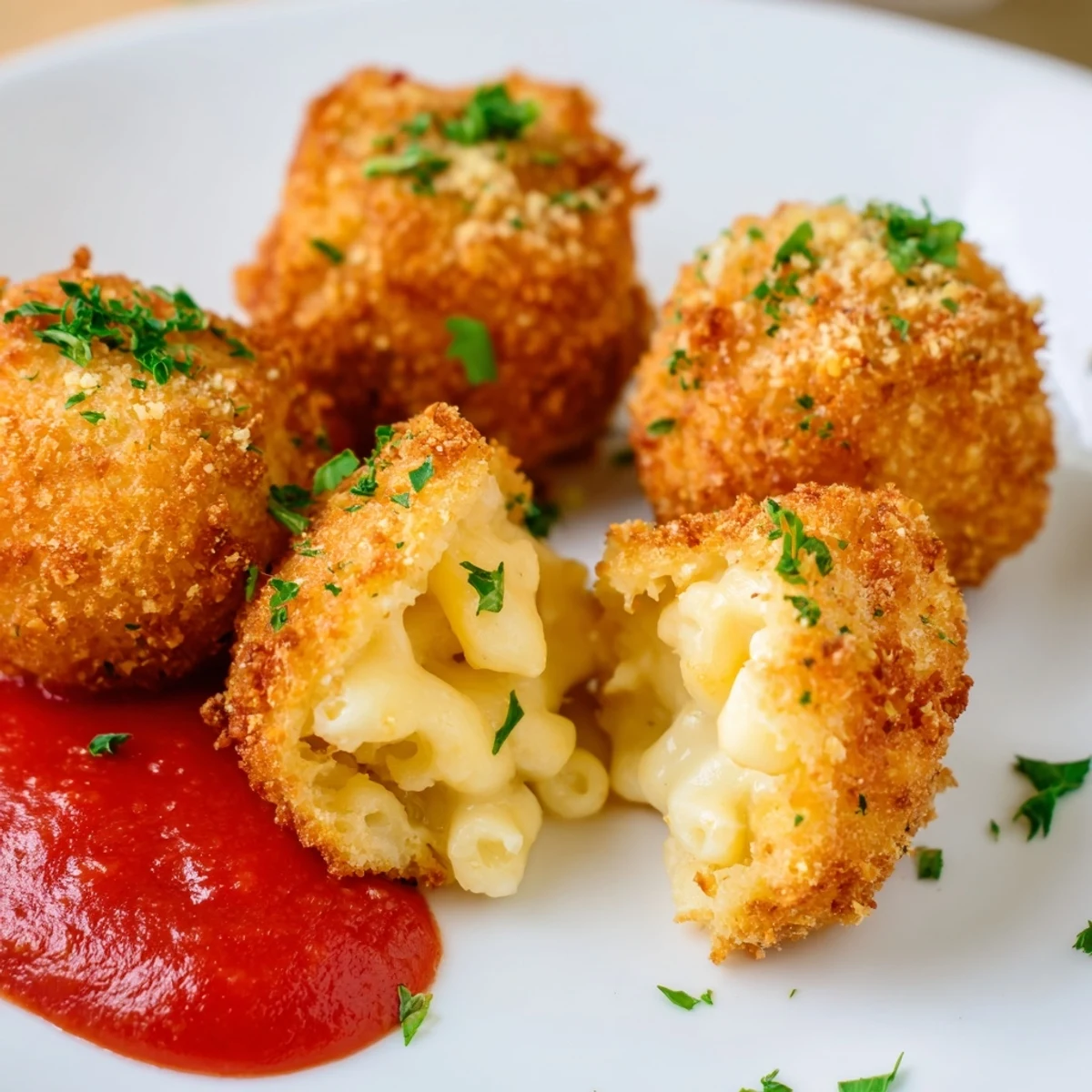 Crispy golden Fried Macaroni and Cheese Balls with a molten cheddar center, served with warm marinara for dipping.  