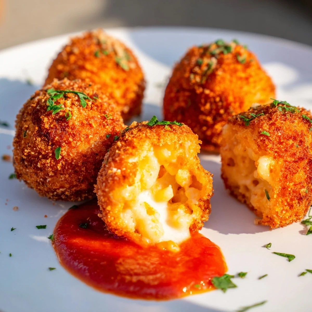 Freshly fried macaroni and cheese balls, breaded and golden, ready to be dipped in tangy marinara sauce.  