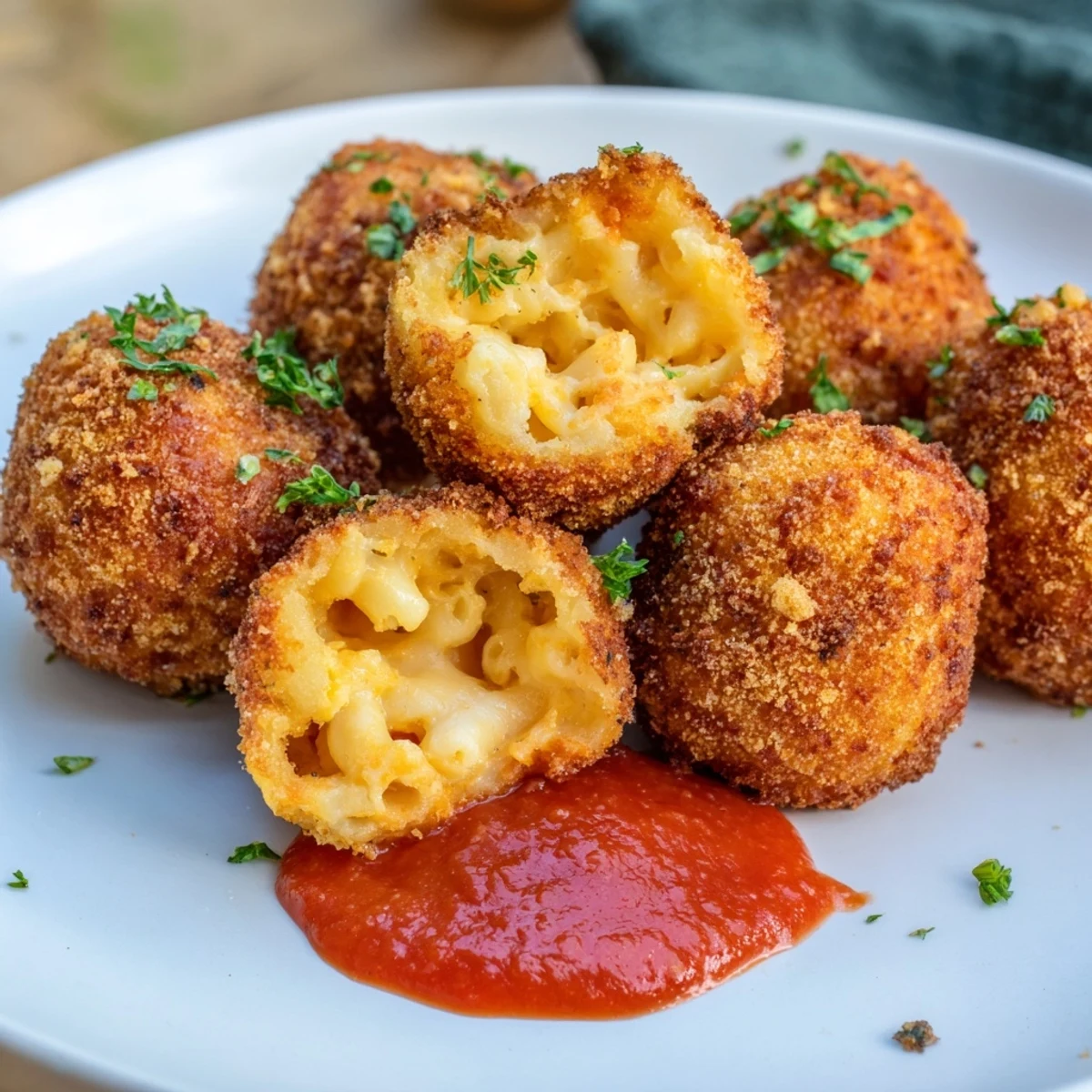 Hot, crunchy Fried Macaroni and Cheese Balls with creamy cheese filling, paired with a side of marinara.