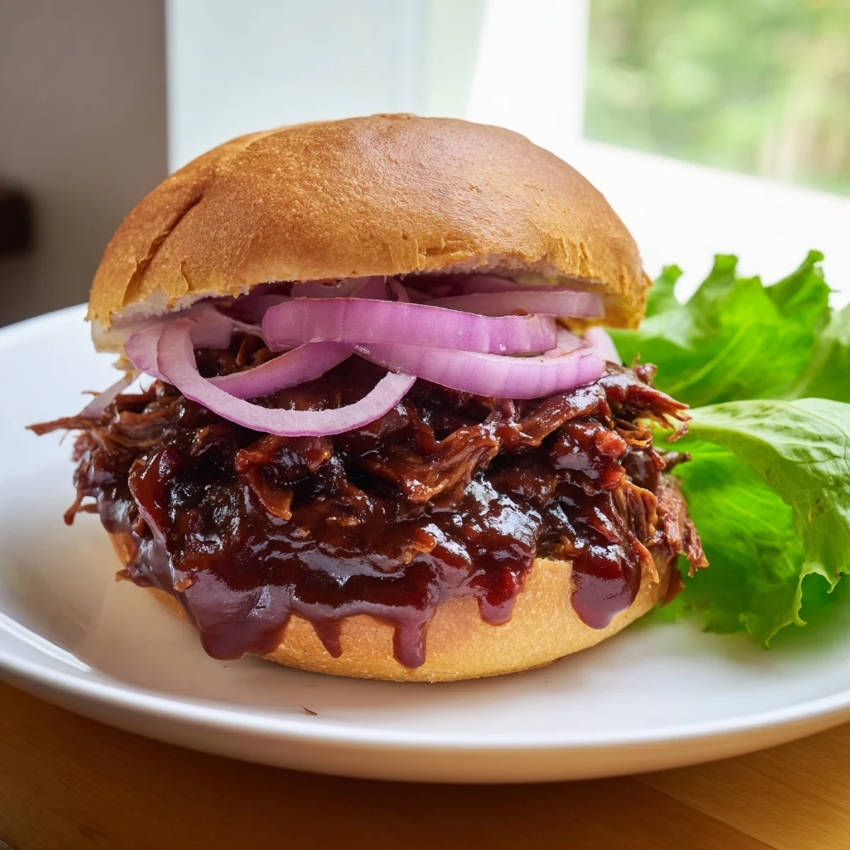Slow roasted pulled beef sandwiches with BBQ sauce piled high on soft brioche buns, garnished with crisp lettuce and tangy pickles for a hearty meal.