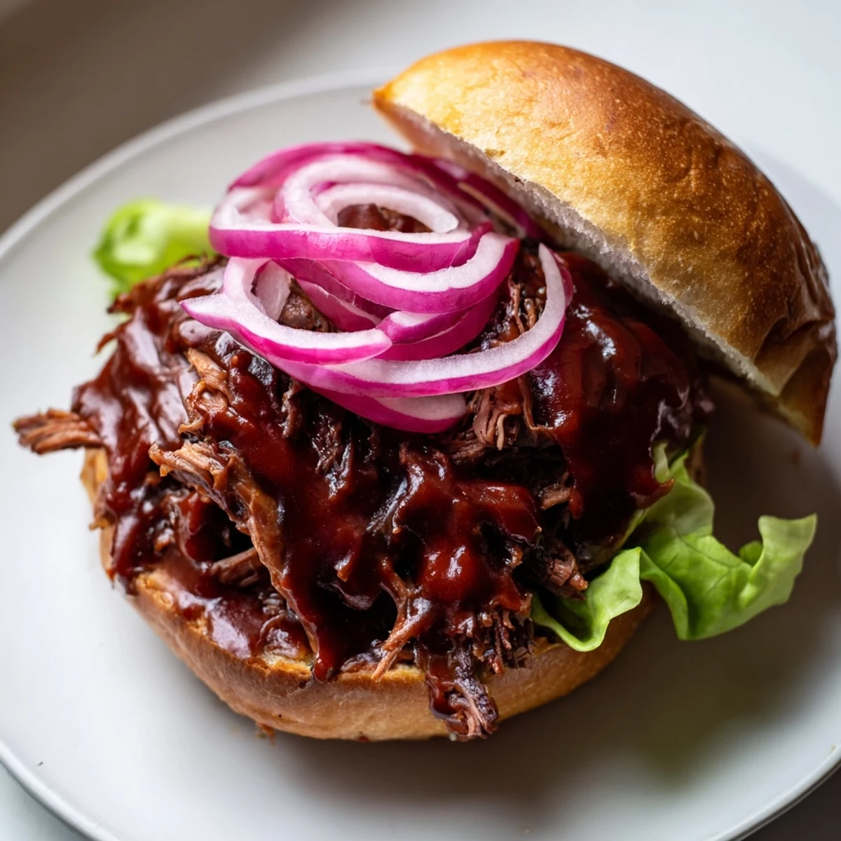 Juicy, fork-tender beef slow roasted to perfection for these BBQ sauce-slathered pulled beef sandwiches, with red onion slices adding a fresh, crunchy bite.