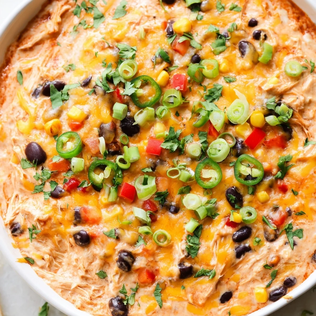 Golden-brown melted cheese tops a bubbling dish of Chicken Enchilada Dip, with corn chips ready for dipping into the creamy, savory filling.  