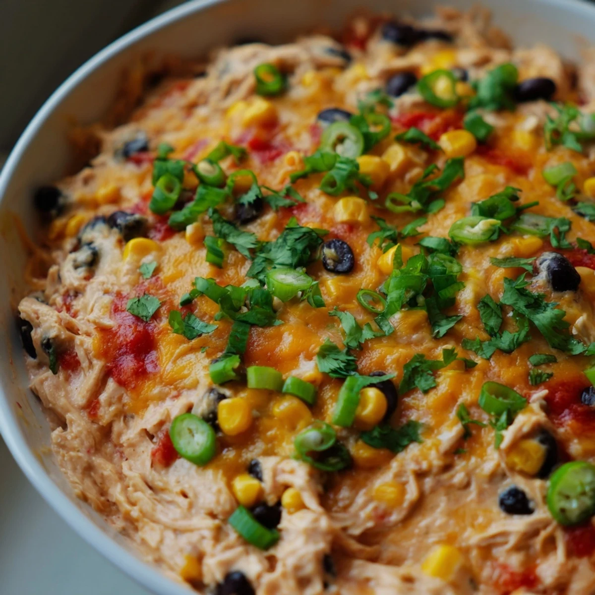 A rustic serving board displays a warm, savory Chicken Enchilada Dip, garnished with fresh cilantro and green onions, surrounded by sturdy tortilla chips.