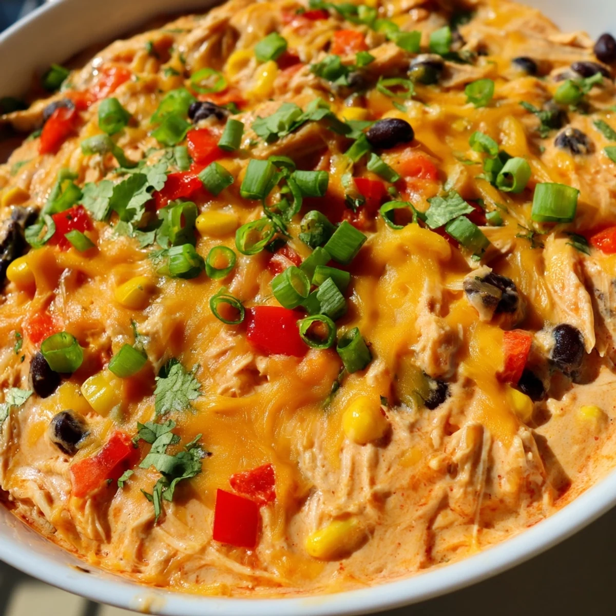 Spoonfuls of creamy Chicken Enchilada Dip reveal tender chicken, black beans, and red peppers nestled under a layer of gooey, melted Mexican blend cheese.  
