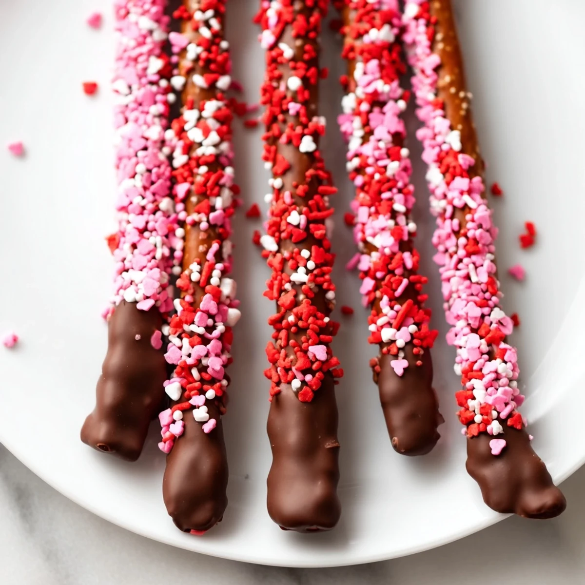 Glossy chocolate dipped pretzels with Valentine sprinkles arranged on a tray for festive snacking.  