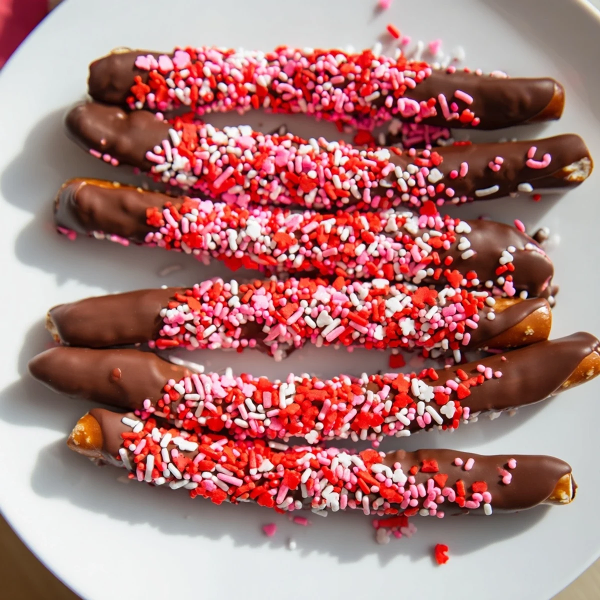 Valentine sprinkles top chocolate dipped pretzels, served on a plate with a cozy, sweet atmosphere.