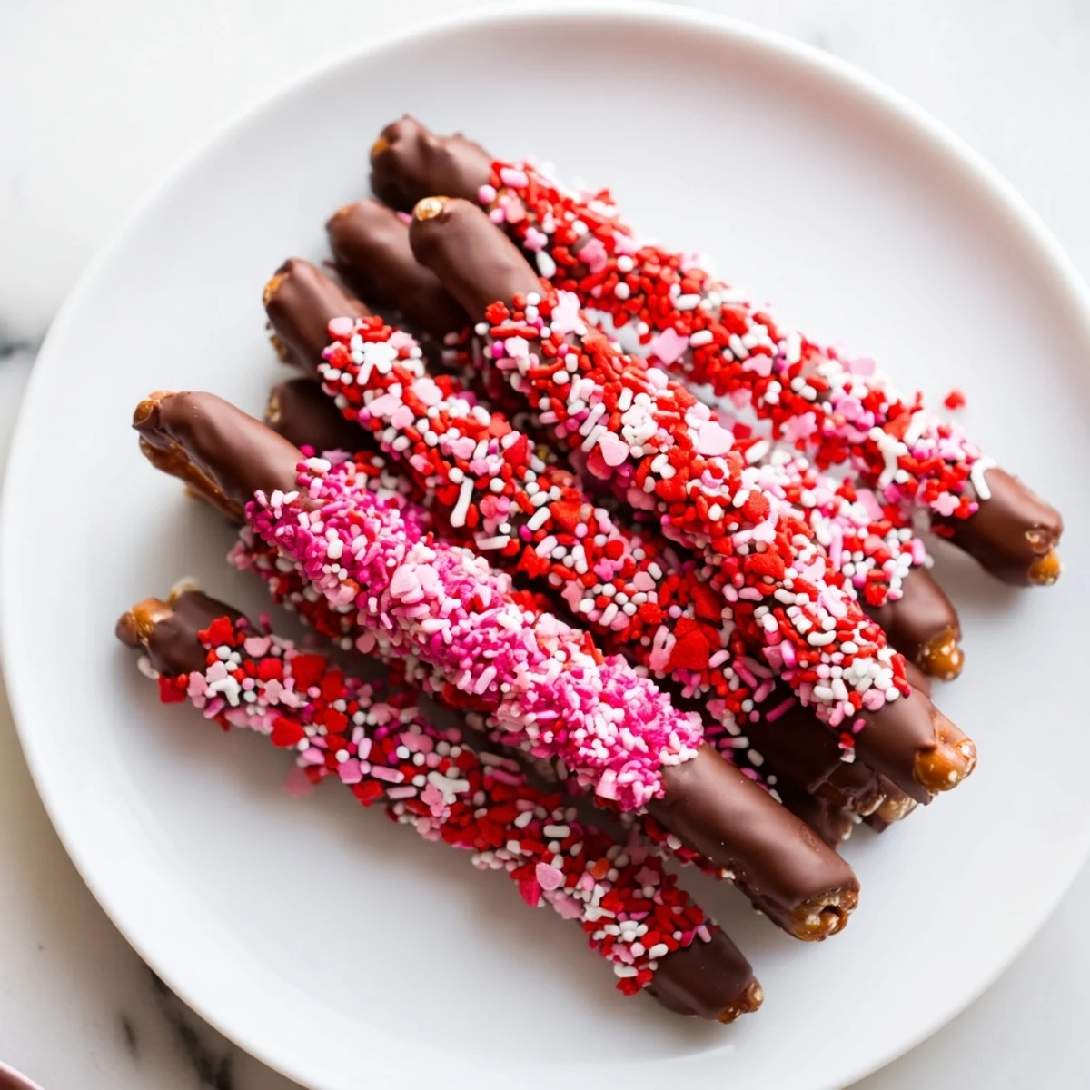 Pretzel rods coated in smooth chocolate and heart-shaped sprinkles, perfect for sharing on Valentine's Day.  