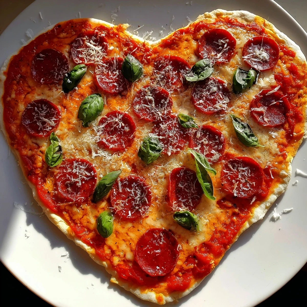 Golden, bubbly mozzarella and savory beef pepperoni top a crisp, heart-shaped crust, brushed with olive oil for a festive finish.  