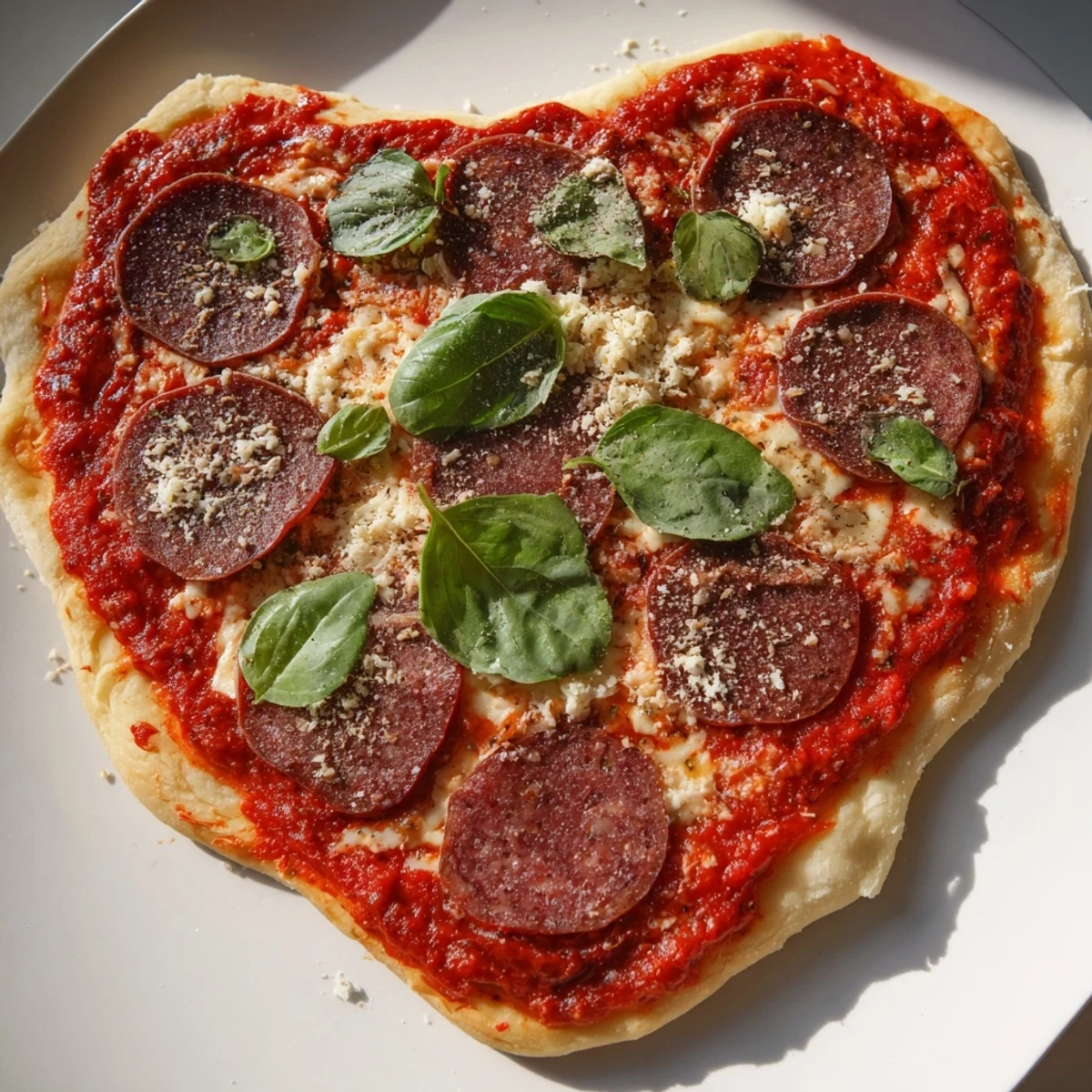 A close-up view of a freshly baked Heart Shaped Beef Pepperoni Pizza, showcasing melted cheese and golden-brown edges.