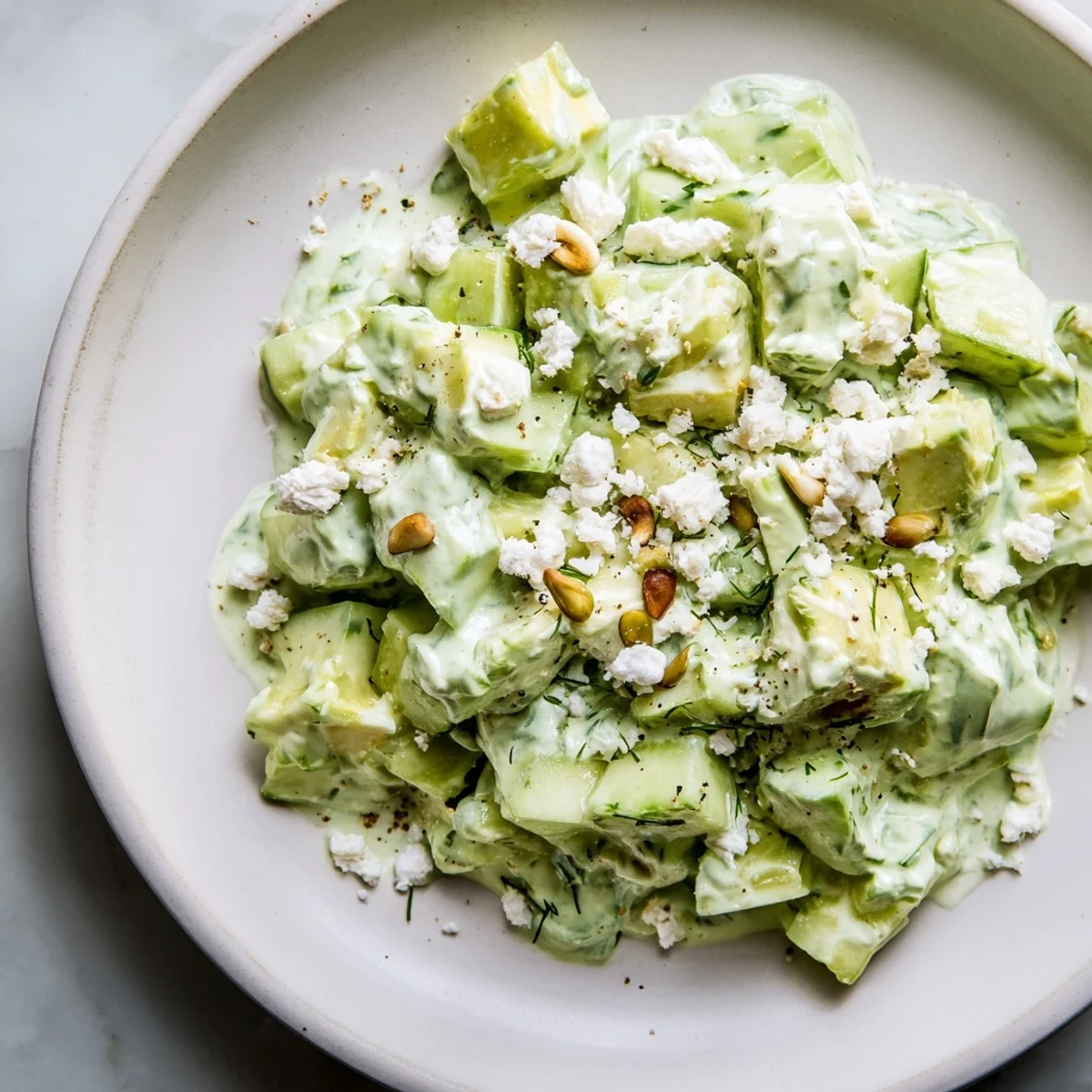 Overhead view of a fresh Green Goddess Salad with Cucumber and Avocado served in a white bowl, topped with crumbled feta and toasted pumpkin seeds for added texture.