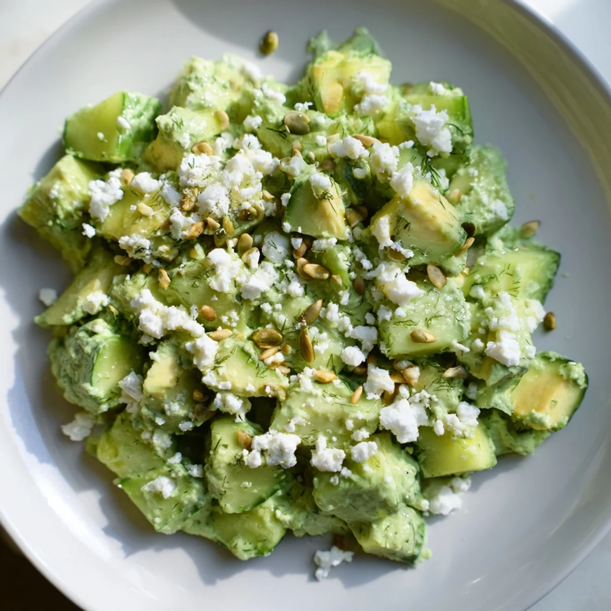 A rustic wooden table displays a large bowl of Green Goddess Salad with Cucumber and Avocado, garnished with lemon wedges and fresh basil leaves, perfect for a summer lunch.
