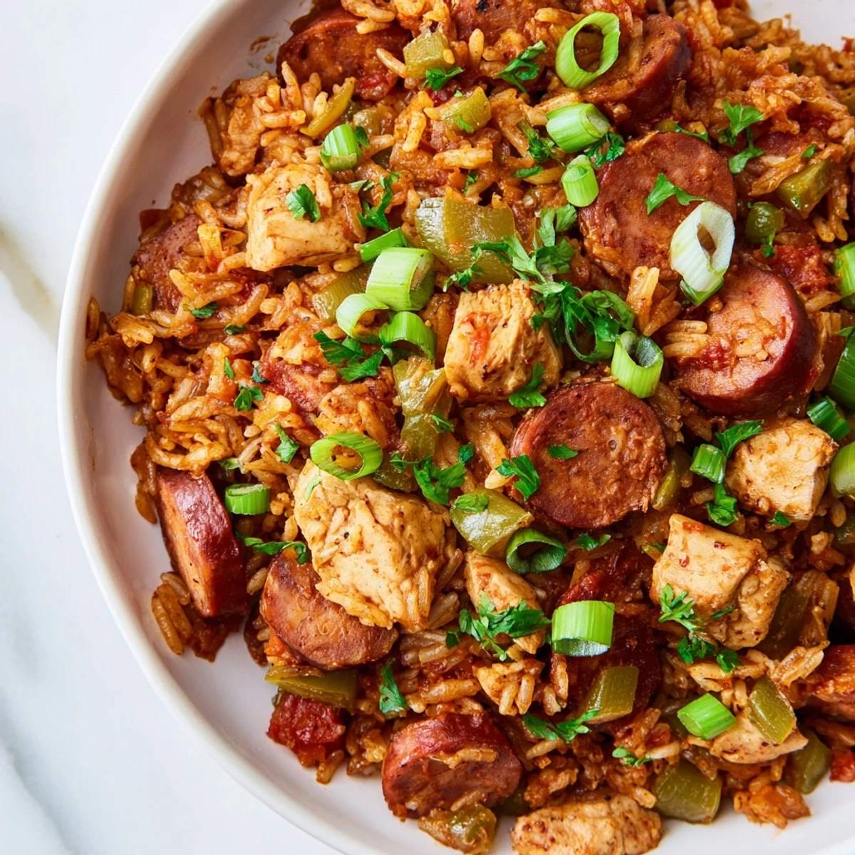 Hearty Creole jambalaya with chicken and turkey andouille sausage served hot over fluffy white rice.  