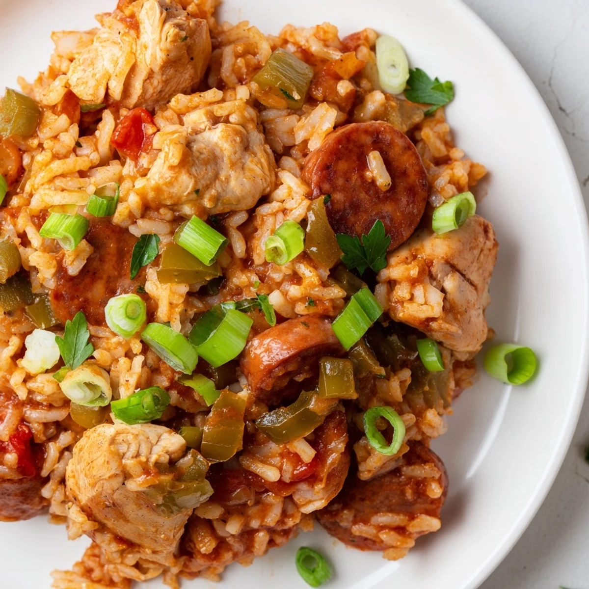 Steaming jambalaya with chicken and turkey andouille sausage in a rustic pot, garnished with fresh green onions and parsley.  