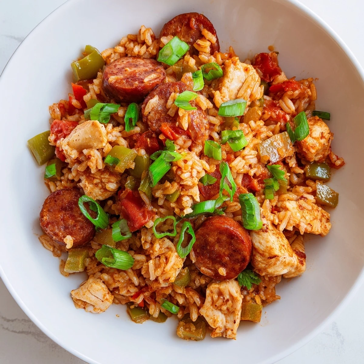 A fork lifts tender chicken and smoky turkey andouille sausage from savory jambalaya dotted with bell peppers.