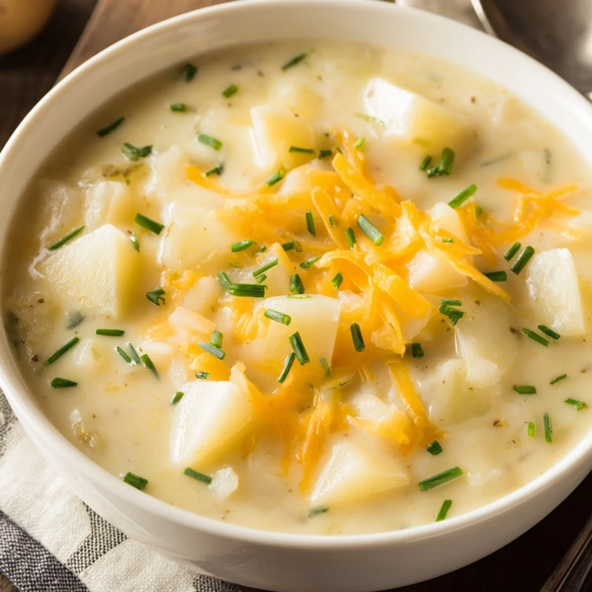 A warm bowl of Irish Potato Soup with Cheddar and Chives, garnished with fresh herbs and melted cheese.