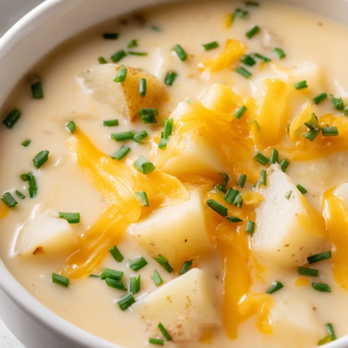Close-up of creamy Irish Potato Soup with Cheddar and Chives in a rustic bowl, served alongside crusty bread.