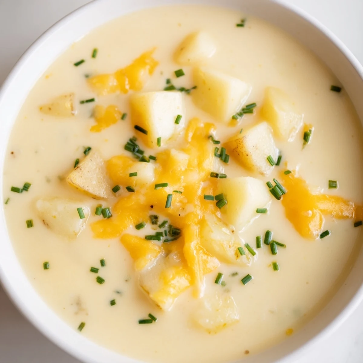 Steaming Irish Potato Soup with Cheddar and Chives topped with chopped chives, ready to be enjoyed.