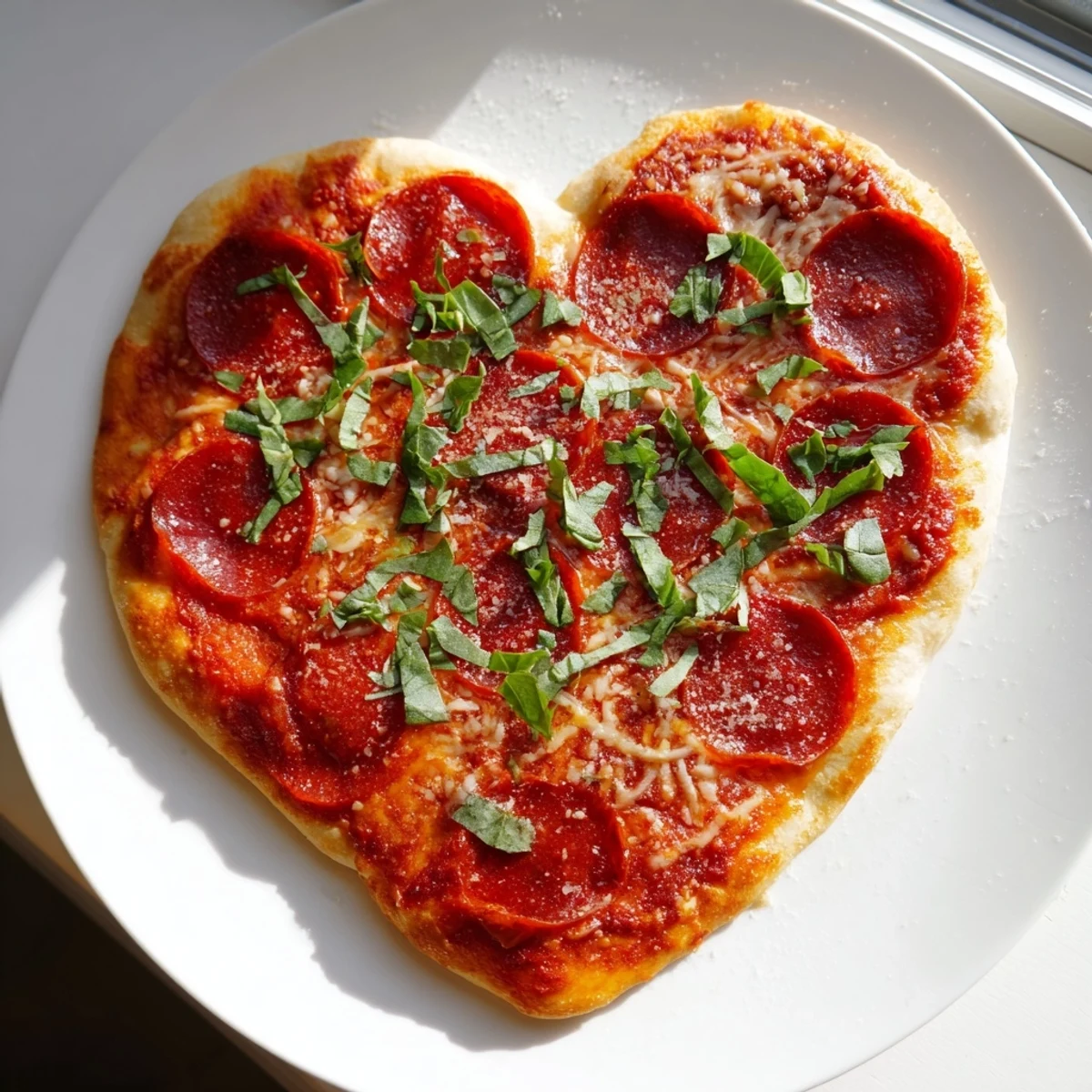Slice of Heart Shaped Beef Pepperoni Pizza with Basil being lifted, revealing gooey cheese and savory beef pepperoni against a dark background.