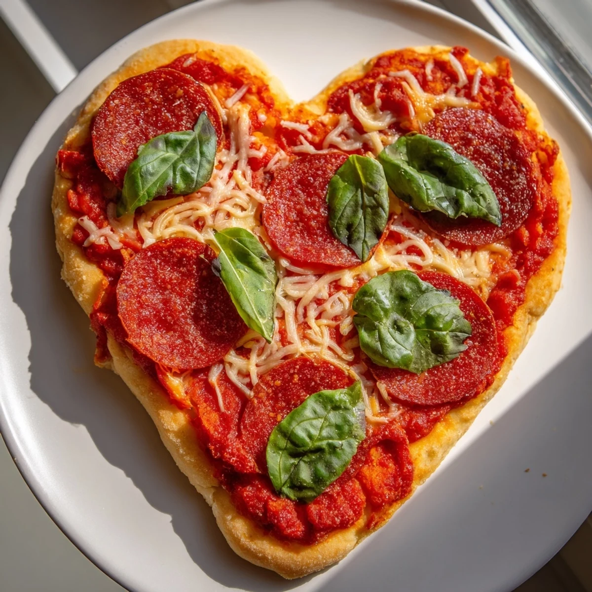 Freshly baked Heart Shaped Beef Pepperoni Pizza with Basil on a rustic wooden board, highlighting melted mozzarella and a golden, crispy crust.