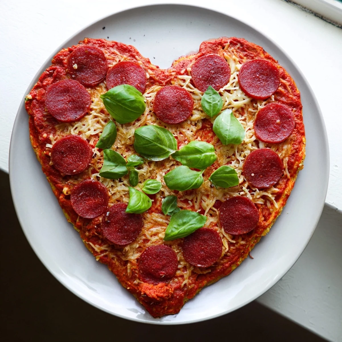 Homemade Heart Shaped Beef Pepperoni Pizza with Basil garnished with fresh basil leaves, served on a plate with a glass of red wine.