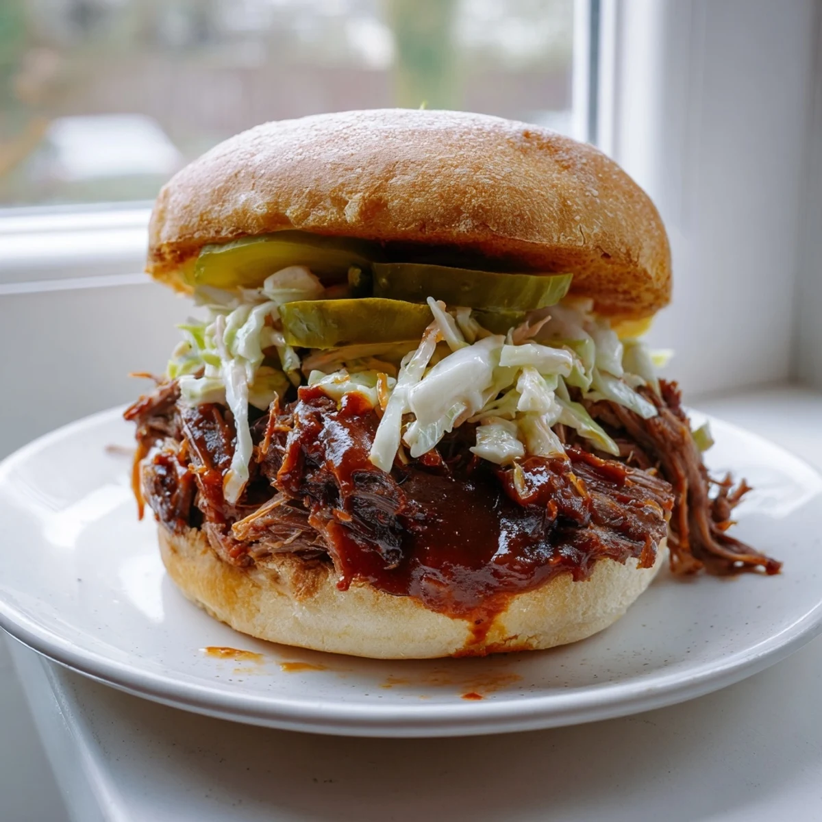 Freshly toasted buns piled high with tender, slow roasted pulled beef sandwiches with BBQ sauce and creamy coleslaw.