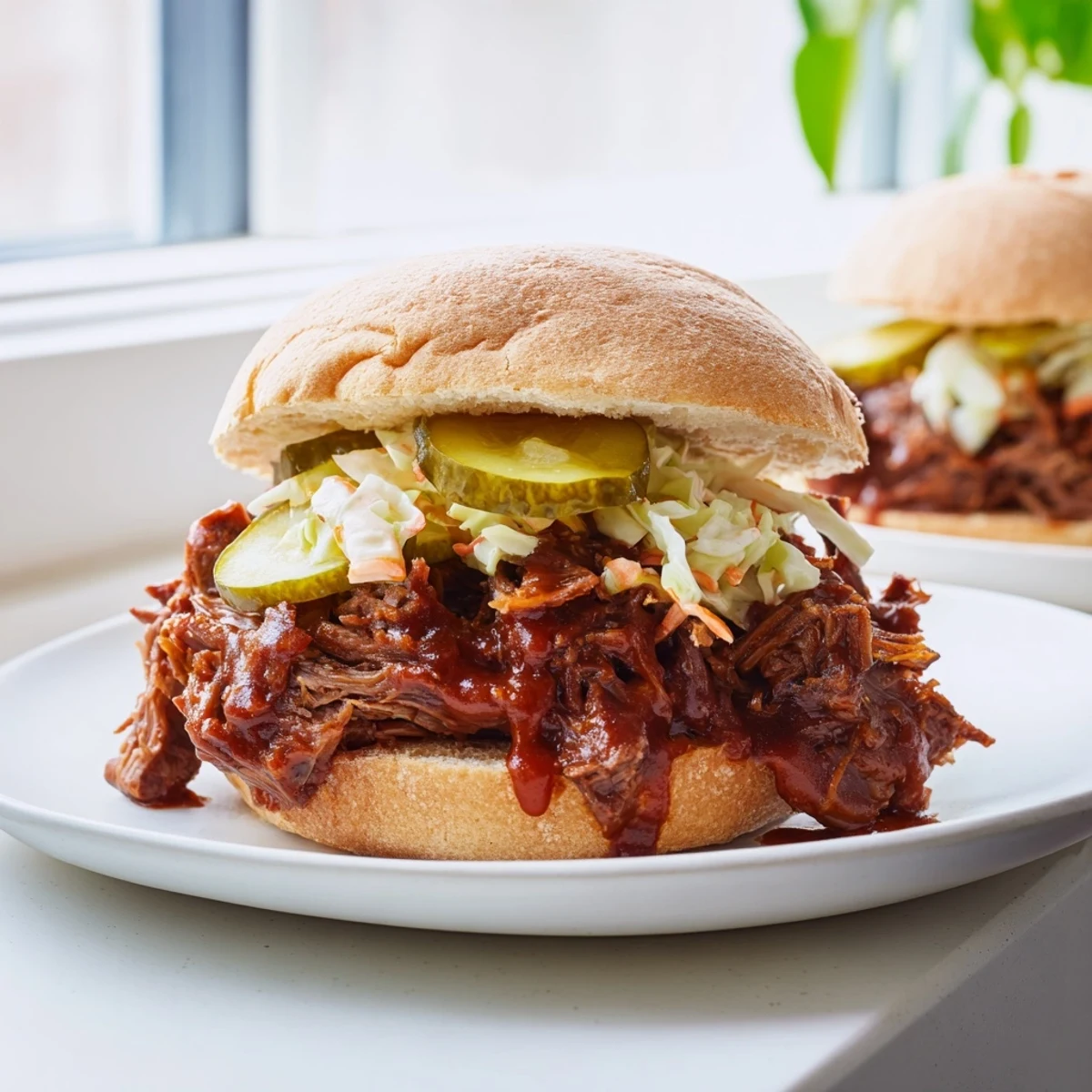 Pulled beef sandwiches with BBQ sauce feature smoky shredded meat on soft buns topped with crunchy coleslaw.
