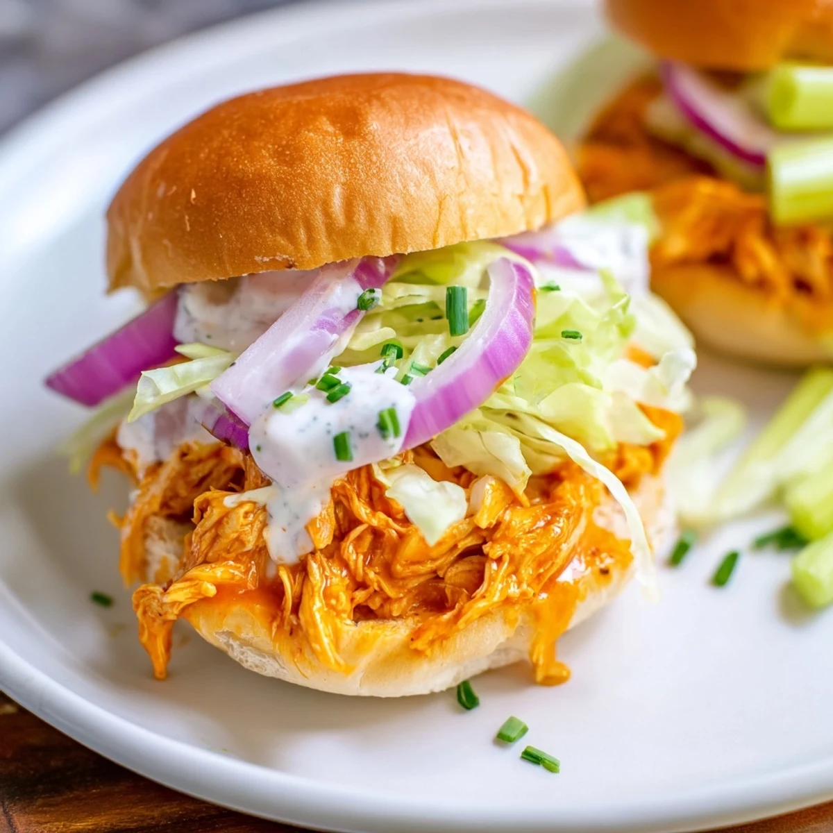 Homemade Buffalo Chicken Sliders with Ranch Dressing stacked on a wooden board with lettuce, red onion, and a side of dressing.