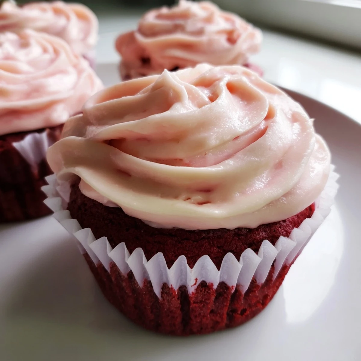 A platter of Red Velvet Cupcakes with Pink Cream Cheese Frosting, garnished with rainbow sprinkles beside a tall glass of cold milk.