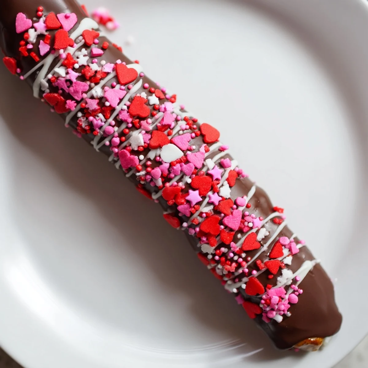 Smooth chocolate-dipped pretzel rods sprinkled with festive Valentine hearts on a white plate.