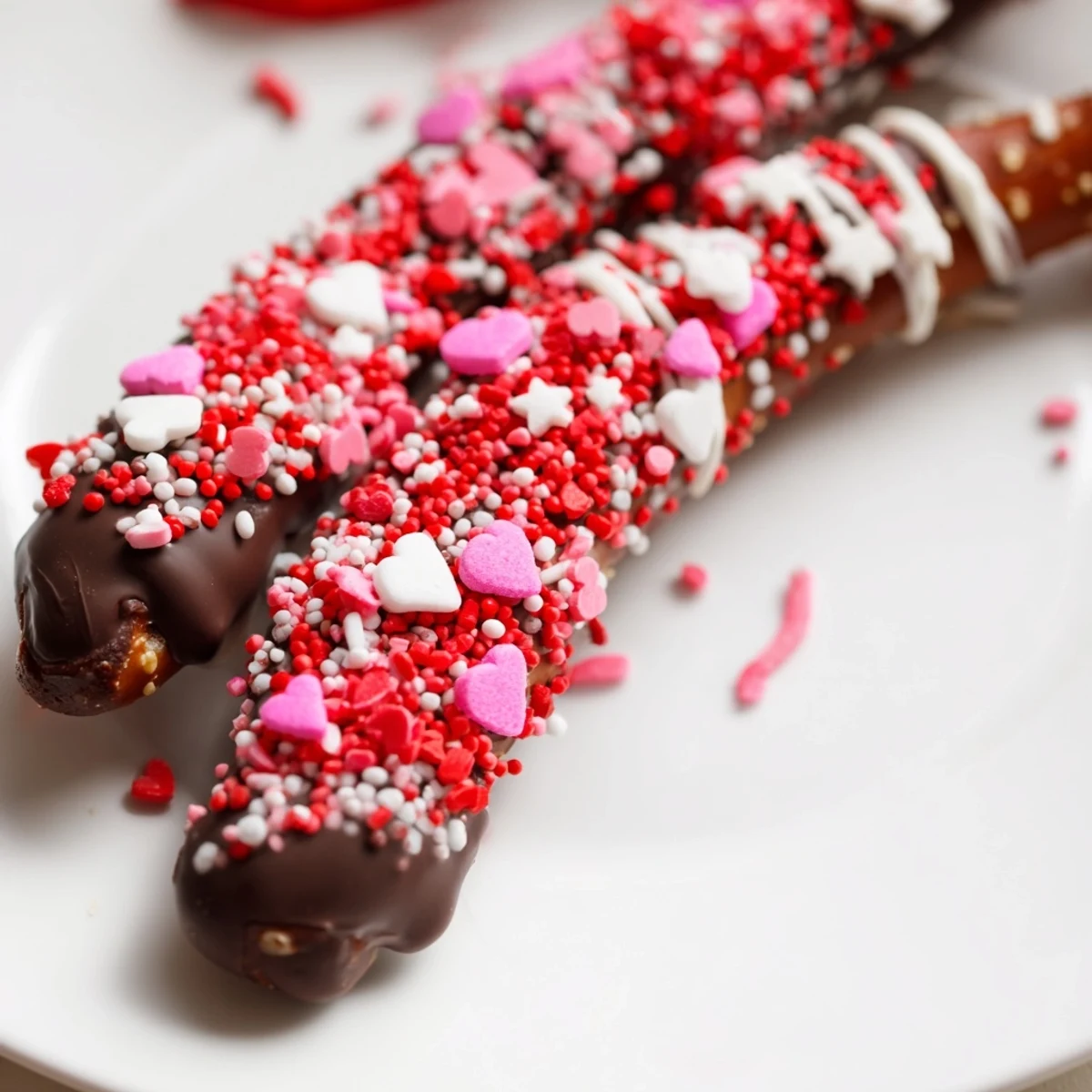 Chocolate Dipped Pretzels with Valentine Sprinkles arranged on parchment for a sweet snack.
