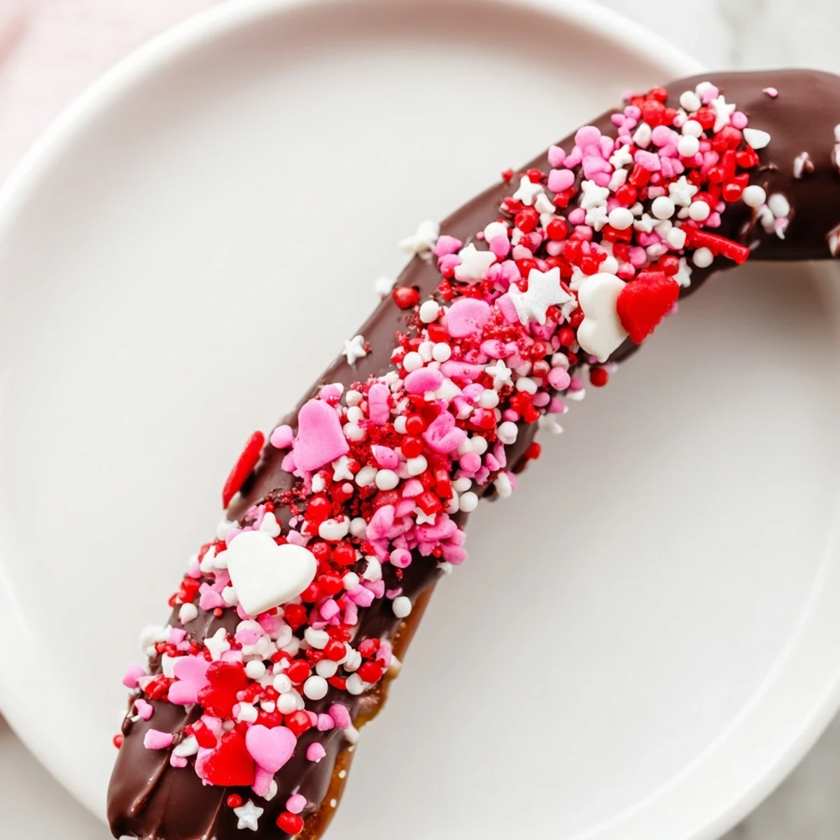 Valentine-sprinkled Chocolate Dipped Pretzels with Valentine Sprinkles on a platter, perfect for sharing.