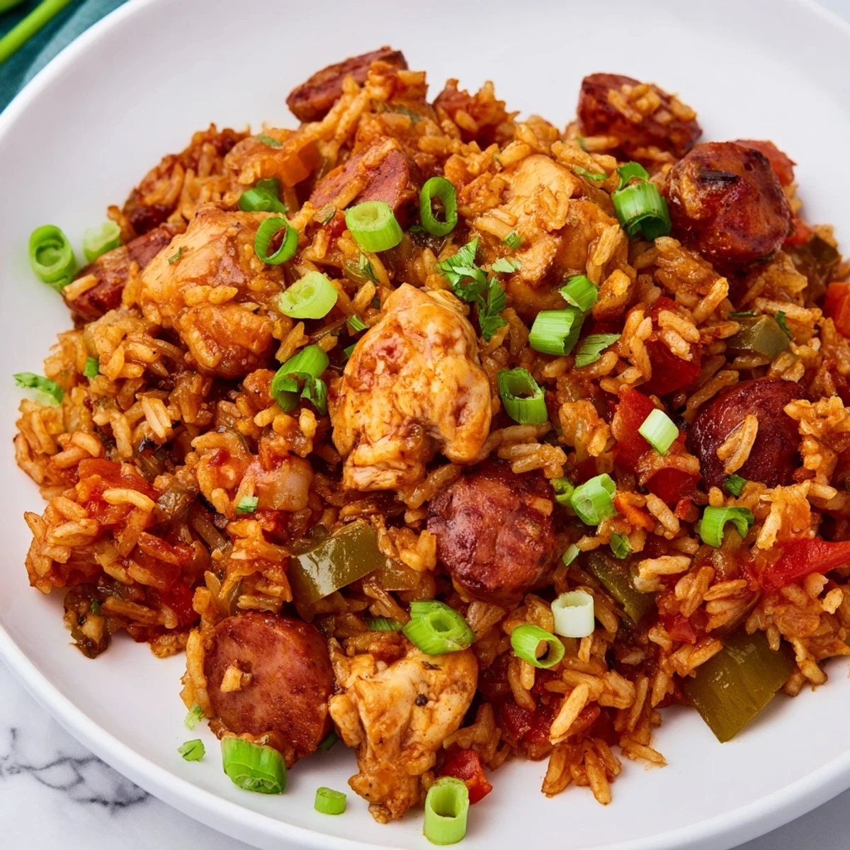A hearty plate of Jambalaya with Chicken and Turkey Andouille Sausage with fluffy rice.
