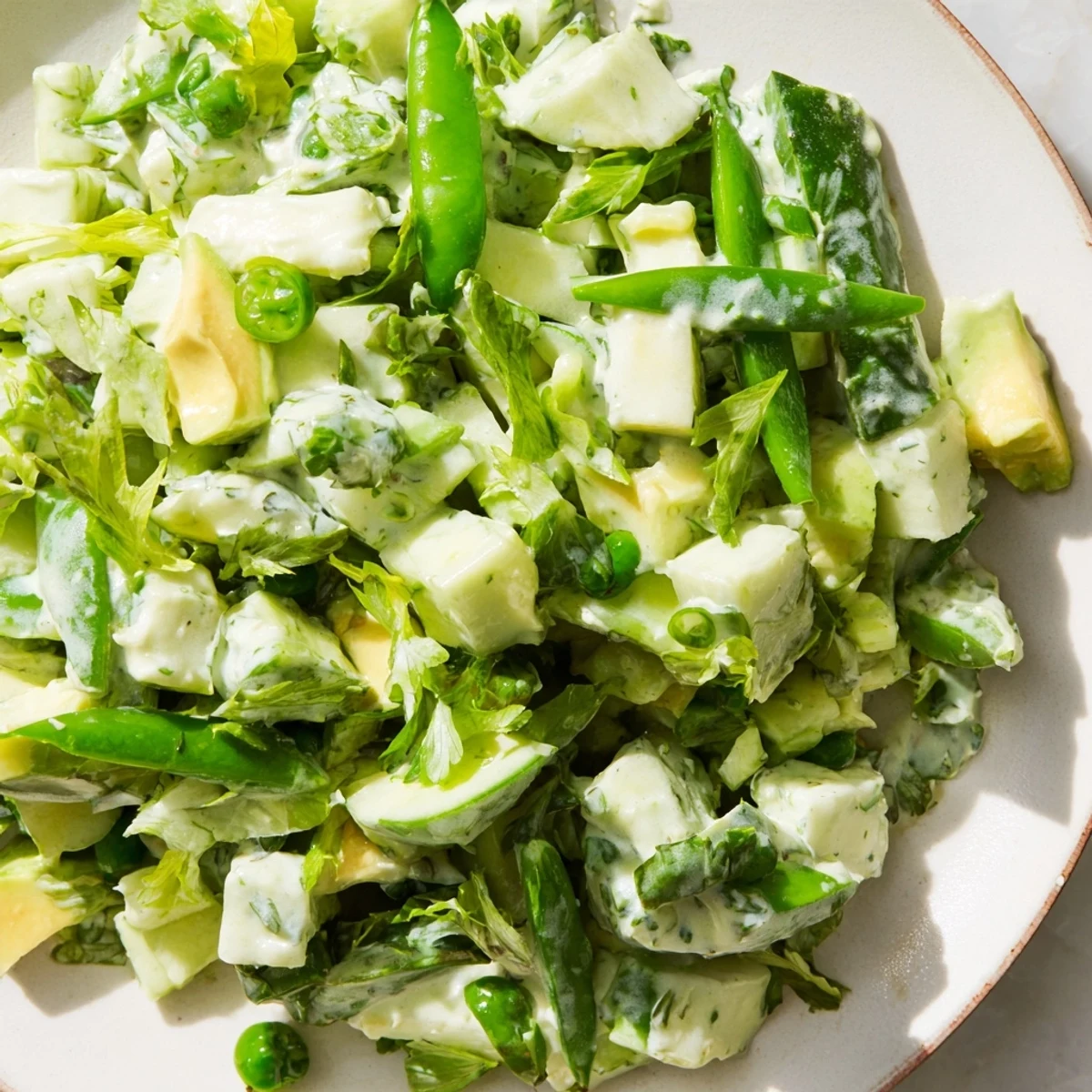Green Goddess Salad with Cucumber and Avocado features crisp veggies and creamy avocado tossed in vibrant herby dressing.