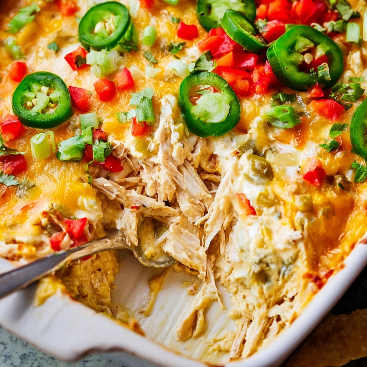 A close-up of bubbly, baked Chicken Enchilada Dip, garnished with fresh cilantro and diced red bell peppers.  