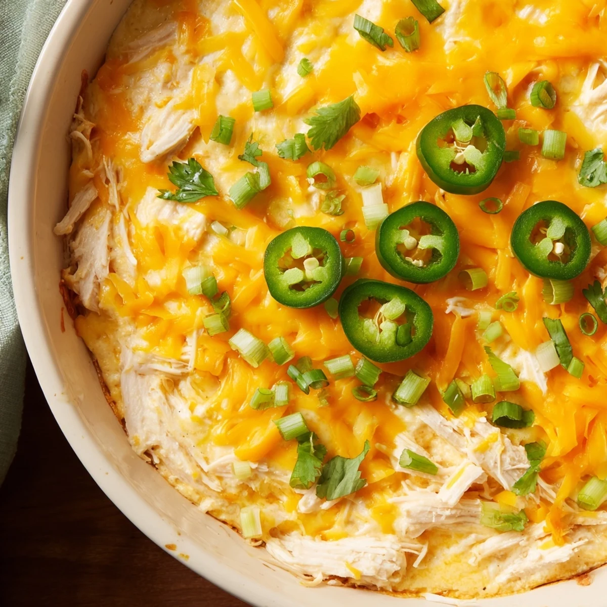 Golden melted cheese stretches over a hot, creamy Chicken Enchilada Dip, served with sturdy tortilla chips for dipping.  