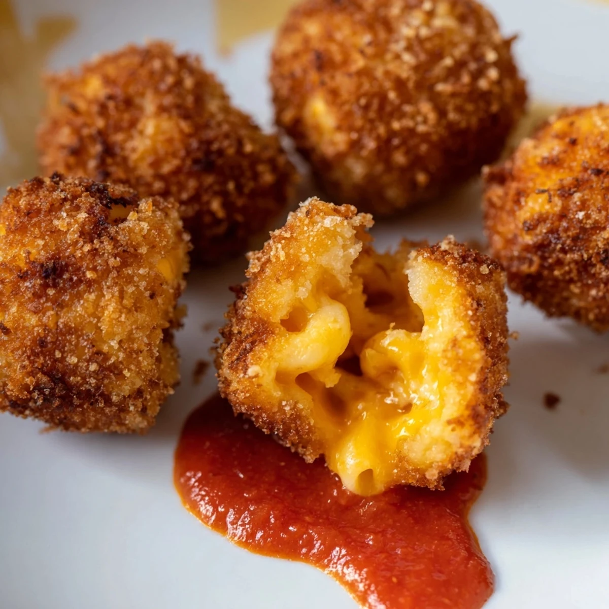 Crispy Fried Macaroni and Cheese Balls with a side of warm marinara for dipping, served golden brown.