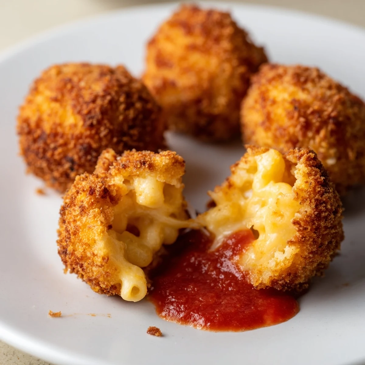 Golden, crunchy Fried Macaroni and Cheese Balls sitting next to a small bowl of bright red sauce.