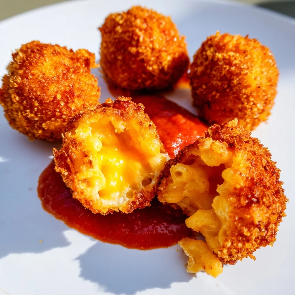 A close-up of creamy Fried Macaroni and Cheese Balls with a tangy marinara dip on the side.